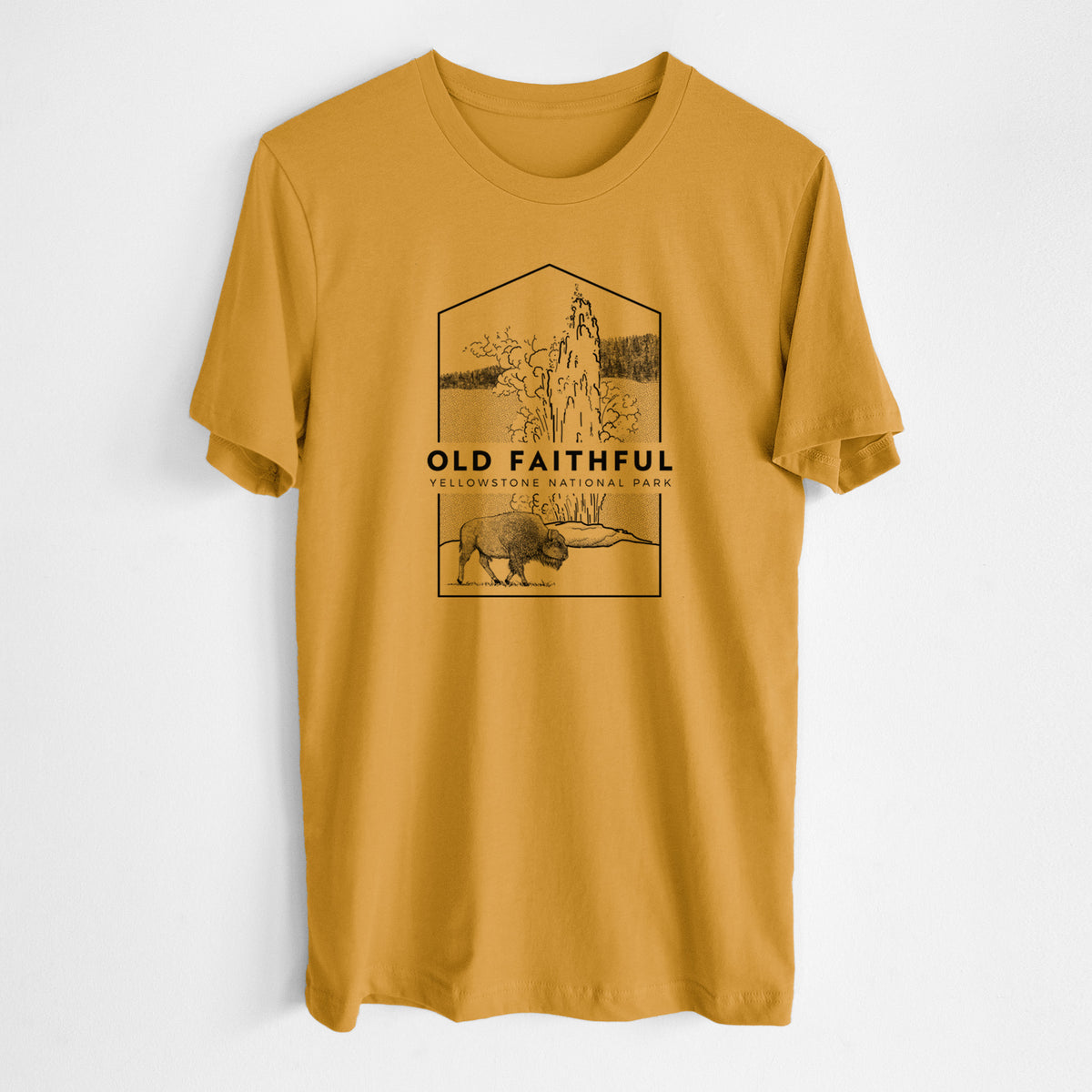 Honeycomb yellow lightweight cotton t-shirt laid flat, printed with a black line art badge of the Old Faithful geyser erupting with a bison nearby, with the words Old Faithful, Yellowstone National Park.