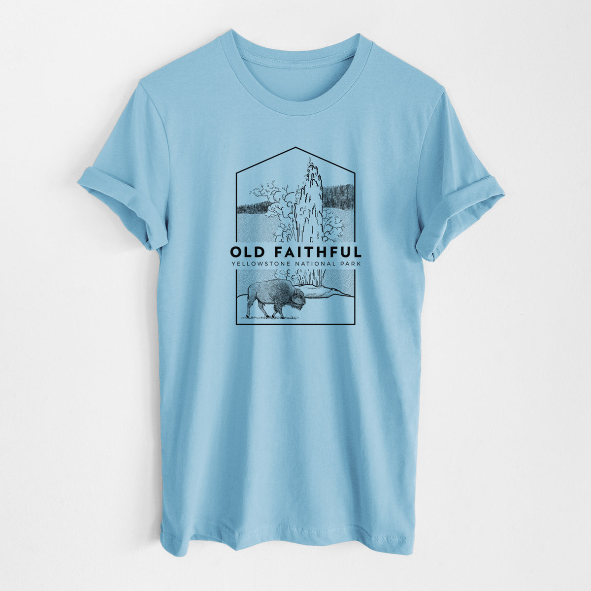 Ocean blue lightweight cotton t-shirt laid flat, printed with a black line art badge of the Old Faithful geyser erupting with a bison nearby, with the words Old Faithful, Yellowstone National Park.