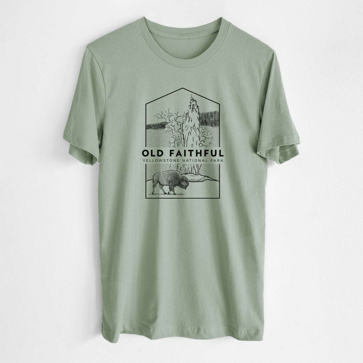 Sage green lightweight cotton t-shirt laid flat, printed with a black line art badge of the Old Faithful geyser erupting with a bison nearby, with the words Old Faithful, Yellowstone National Park.