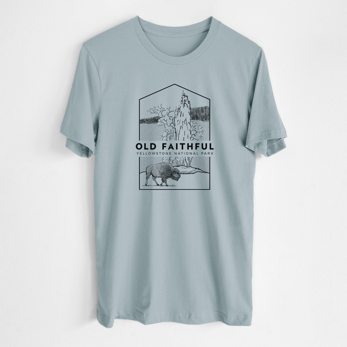 Vintage denim lightweight cotton t-shirt laid flat, printed with a black line art badge of the Old Faithful geyser erupting with a bison nearby, with the words Old Faithful, Yellowstone National Park.