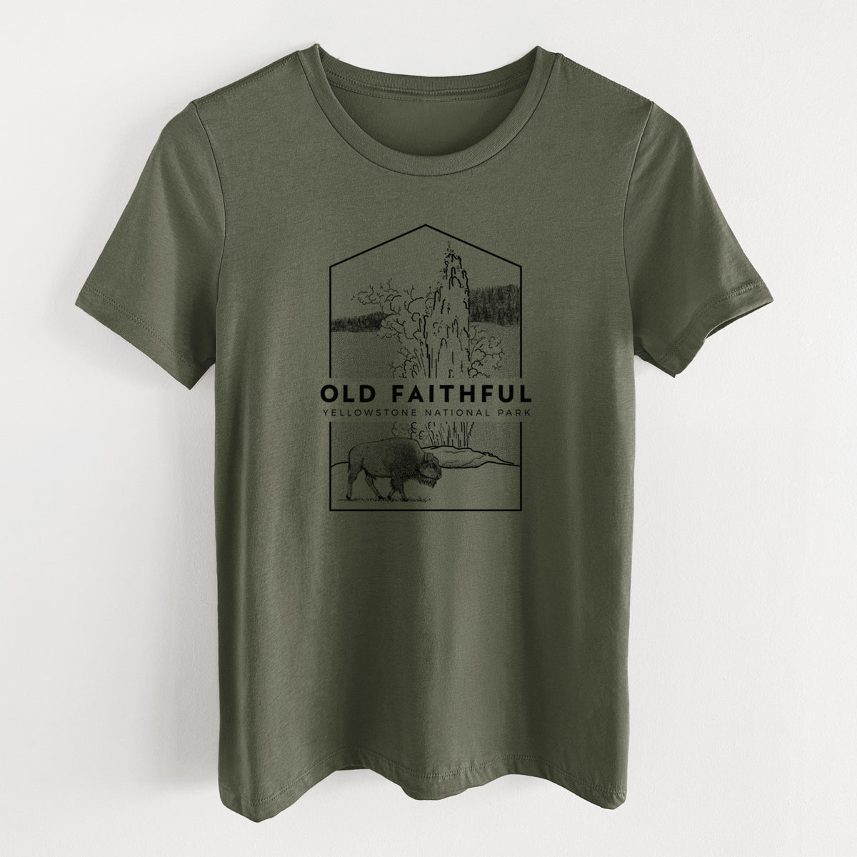 Military green women's relaxed fit cotton t-shirt laid flat, printed with a black line art badge of the Old Faithful geyser erupting with a bison nearby, with the words Old Faithful, Yellowstone National Park.