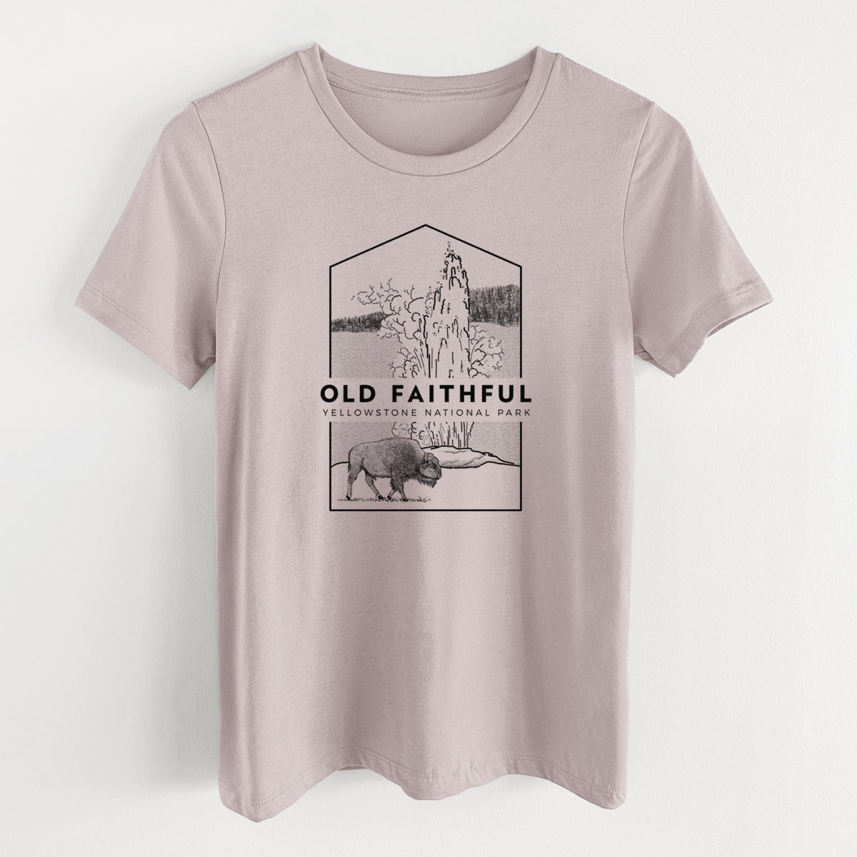 Pink gravel women's relaxed fit cotton t-shirt laid flat, printed with a black line art badge of the Old Faithful geyser erupting with a bison nearby, with the words Old Faithful, Yellowstone National Park.