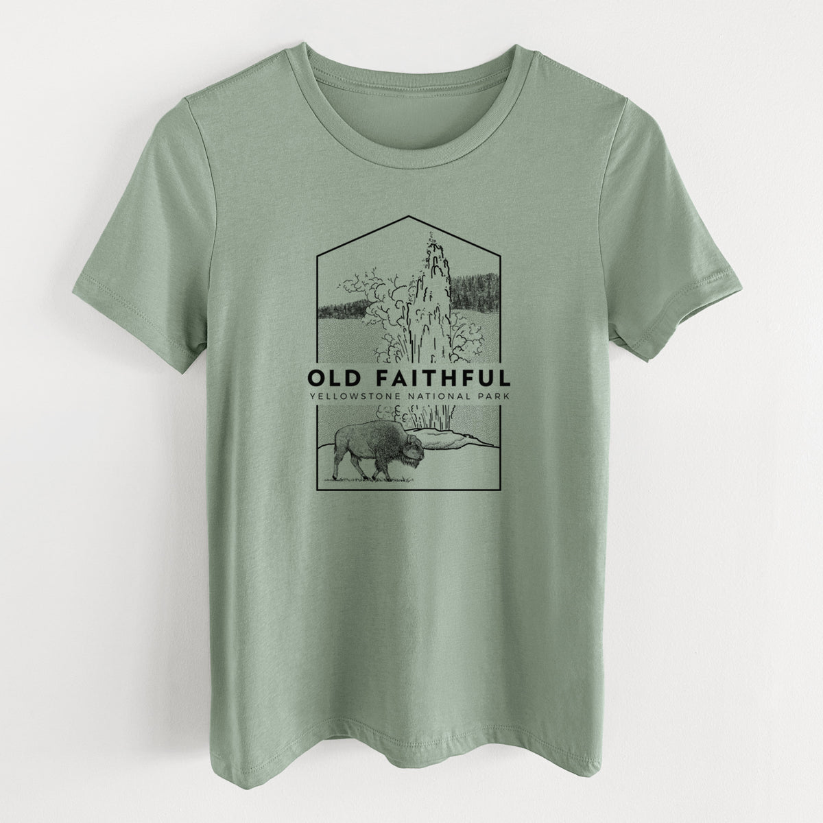 Sage green women's relaxed fit cotton t-shirt laid flat, printed with a black line art badge of the Old Faithful geyser erupting with a bison nearby, with the words Old Faithful, Yellowstone National Park.