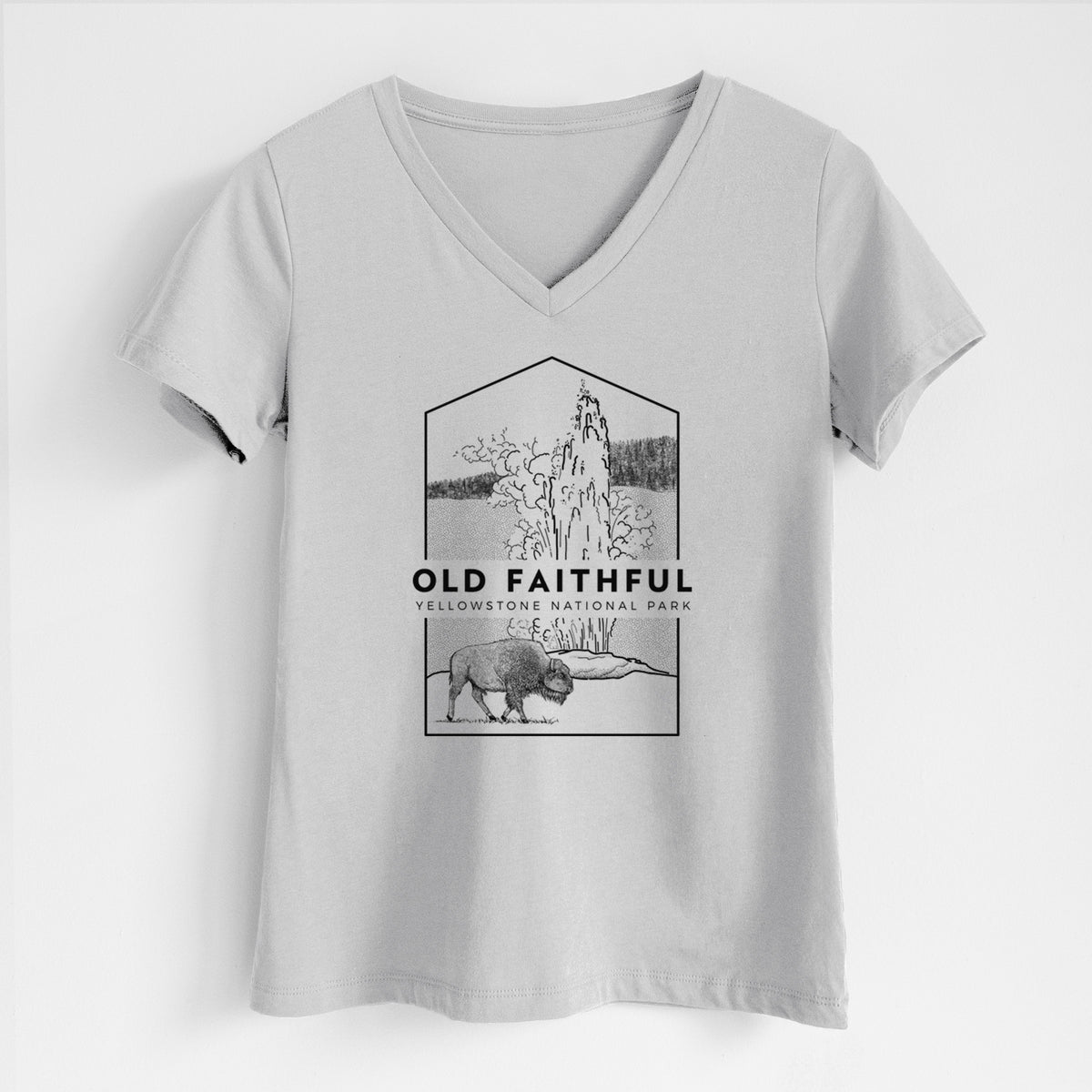 Lunar grey women's relaxed fit cotton V-neck t-shirt laid flat, printed with a black line art badge of the Old Faithful geyser erupting with a bison nearby, with the words Old Faithful, Yellowstone National Park.