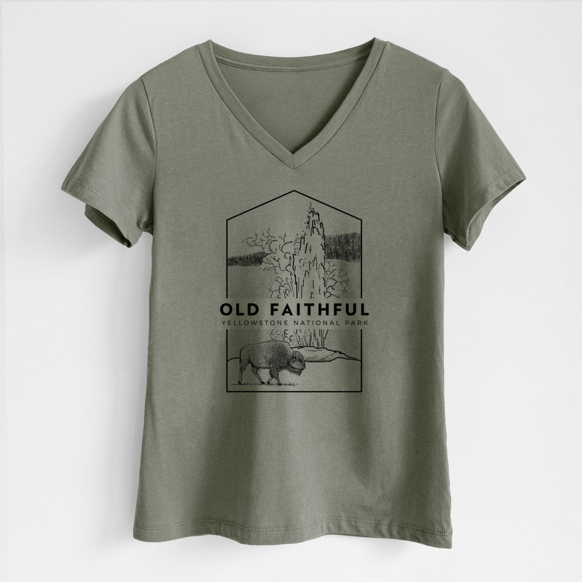 Military green women's relaxed fit cotton V-neck t-shirt laid flat, printed with a black line art badge of the Old Faithful geyser erupting with a bison nearby, with the words Old Faithful, Yellowstone National Park.