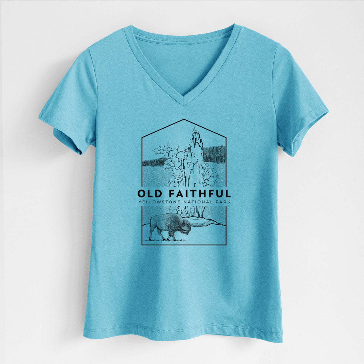 Turquoise women's relaxed fit cotton V-neck t-shirt laid flat, printed with a black line art badge of the Old Faithful geyser erupting with a bison nearby, with the words Old Faithful, Yellowstone National Park.