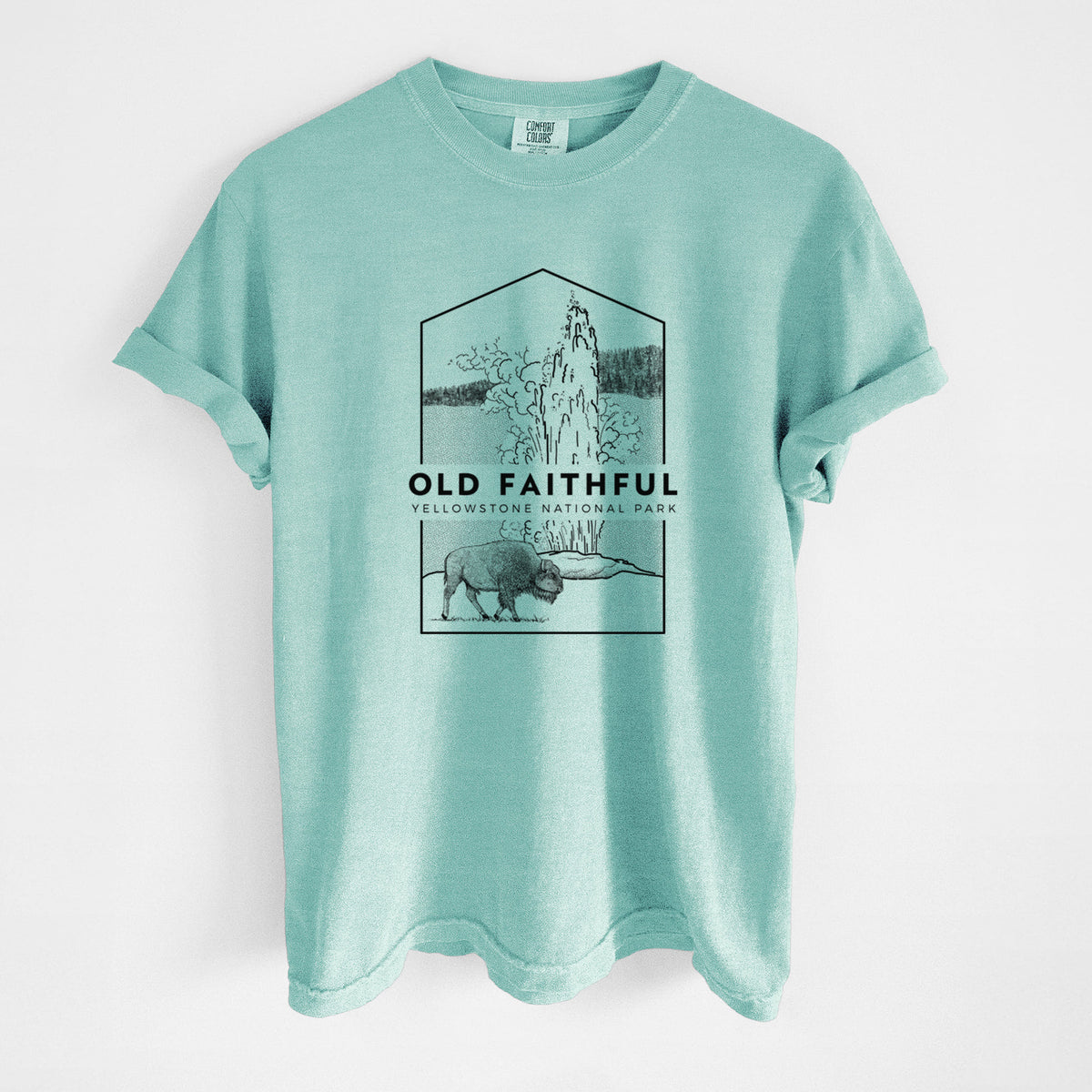 Chalky mint Comfort Colors t-shirt laid flat, printed with a black line art badge of the Old Faithful geyser erupting with a bison nearby, with the words Old Faithful, Yellowstone National Park.