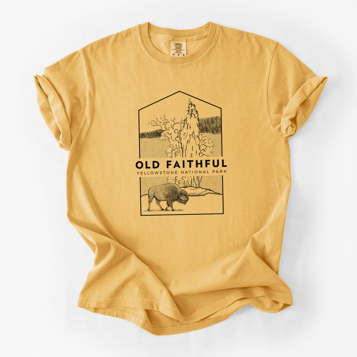Golden wheat yellow Comfort Colors t-shirt laid flat, printed with a black line art badge of the Old Faithful geyser erupting with a bison nearby, with the words Old Faithful, Yellowstone National Park.