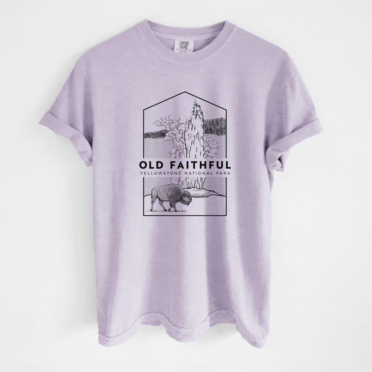 Orchid purple Comfort Colors t-shirt laid flat, printed with a black line art badge of the Old Faithful geyser erupting with a bison nearby, with the words Old Faithful, Yellowstone National Park.