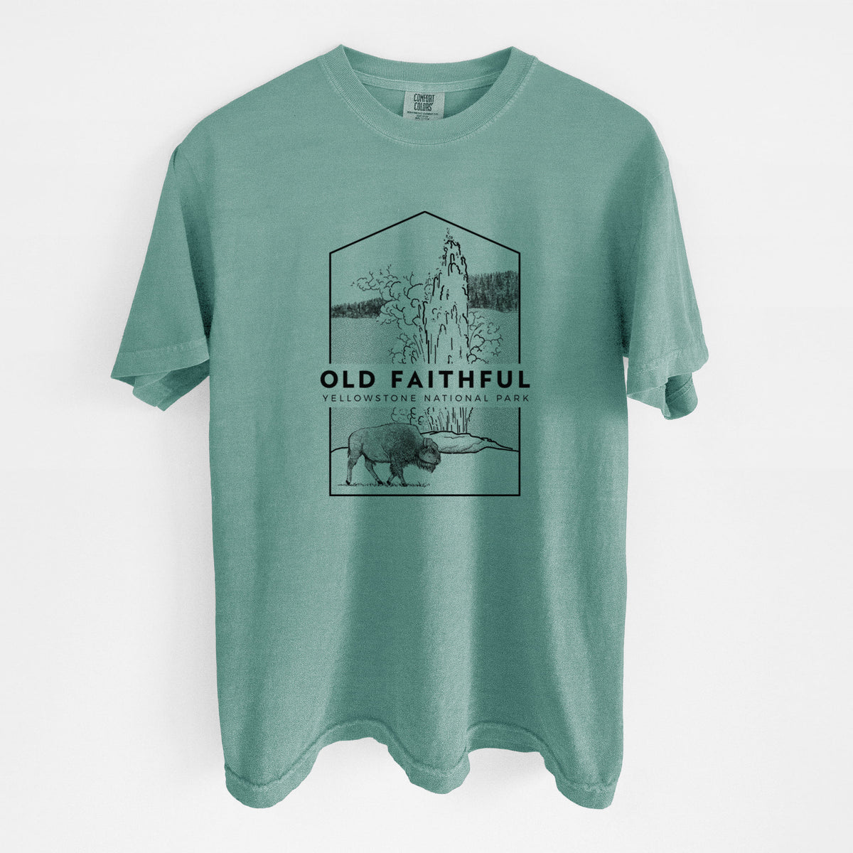 Reef green Comfort Colors t-shirt laid flat, printed with a black line art badge of the Old Faithful geyser erupting with a bison nearby, with the words Old Faithful, Yellowstone National Park.