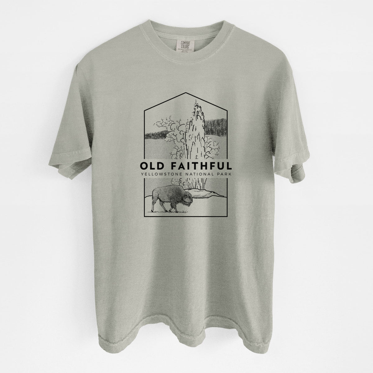 Sandstone beige Comfort Colors t-shirt laid flat, printed with a black line art badge of the Old Faithful geyser erupting with a bison nearby, with the words Old Faithful, Yellowstone National Park.