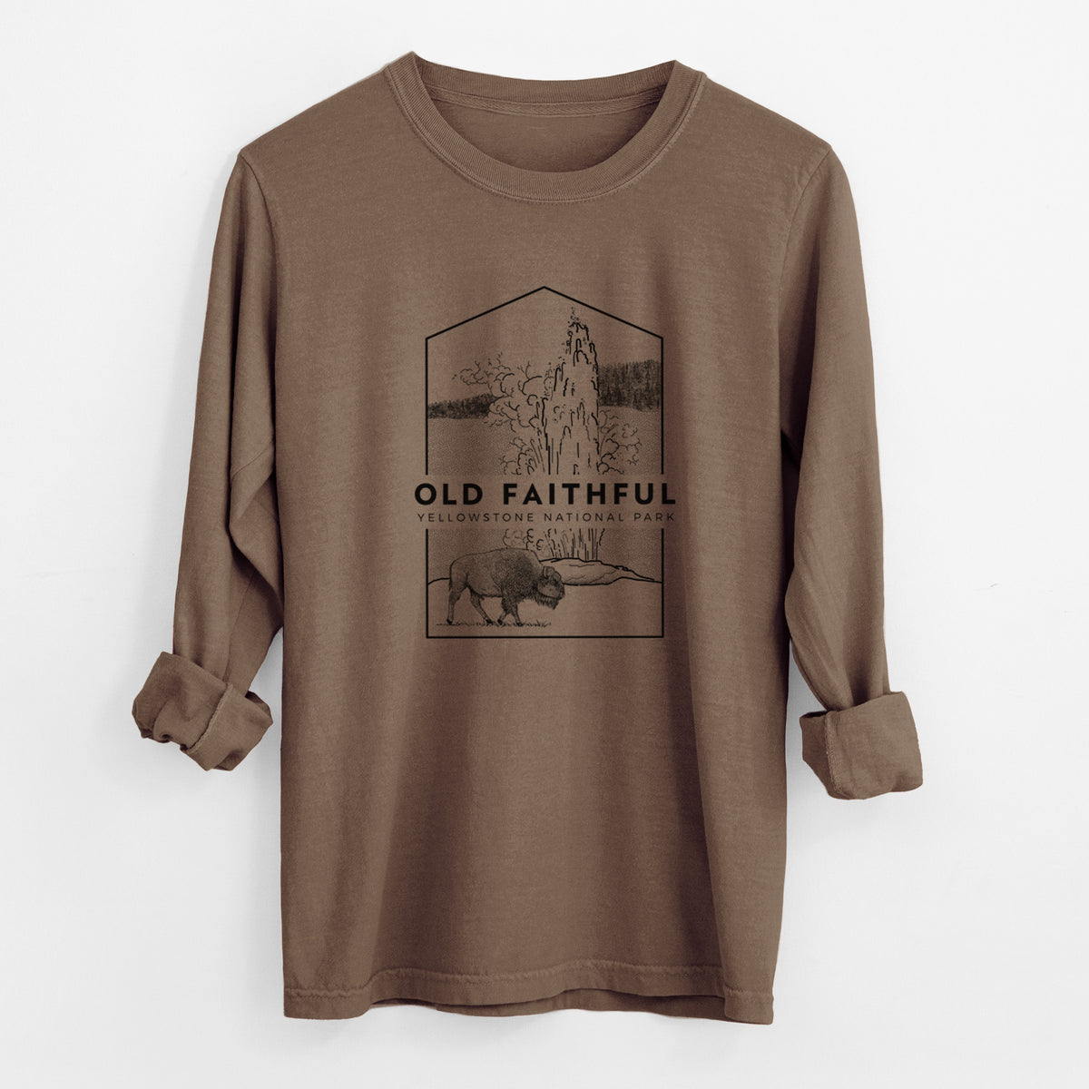 Espresso brown Comfort Colors long sleeve shirt laid flat with the cuffs rolled, printed with a black line art badge of the Old Faithful geyser erupting with a bison nearby, with the words Old Faithful, Yellowstone National Park.