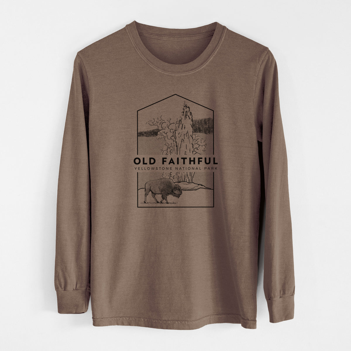 Espresso brown Comfort Colors long sleeve shirt laid flat, printed with a black line art badge of the Old Faithful geyser erupting with a bison nearby, with the words Old Faithful, Yellowstone National Park.
