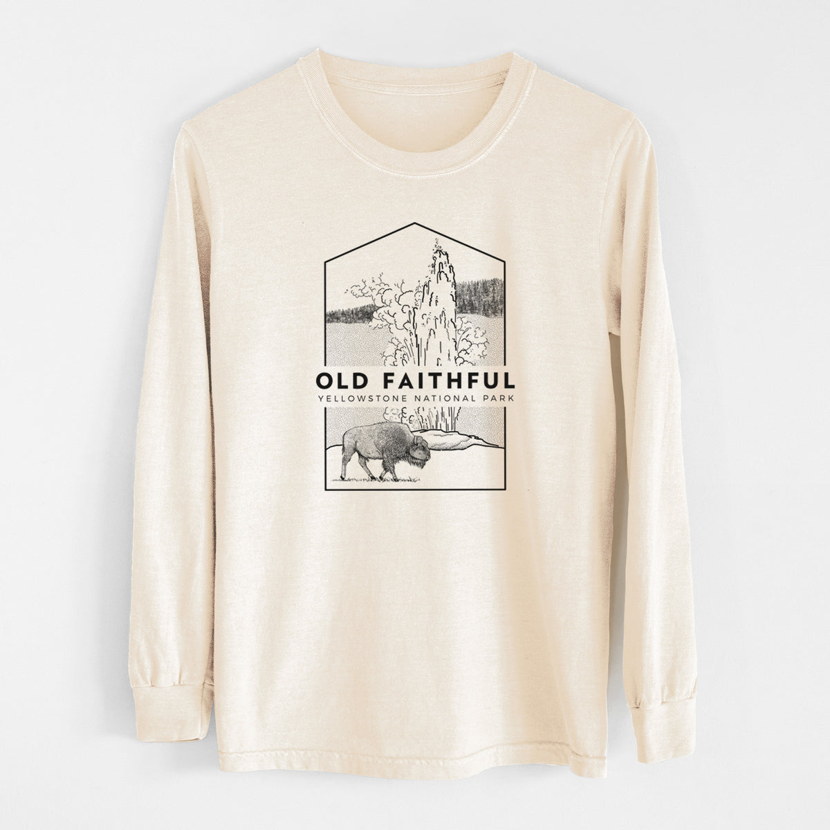 Ivory Comfort Colors long sleeve shirt laid flat, printed with a black line art badge of the Old Faithful geyser erupting with a bison nearby, with the words Old Faithful, Yellowstone National Park.