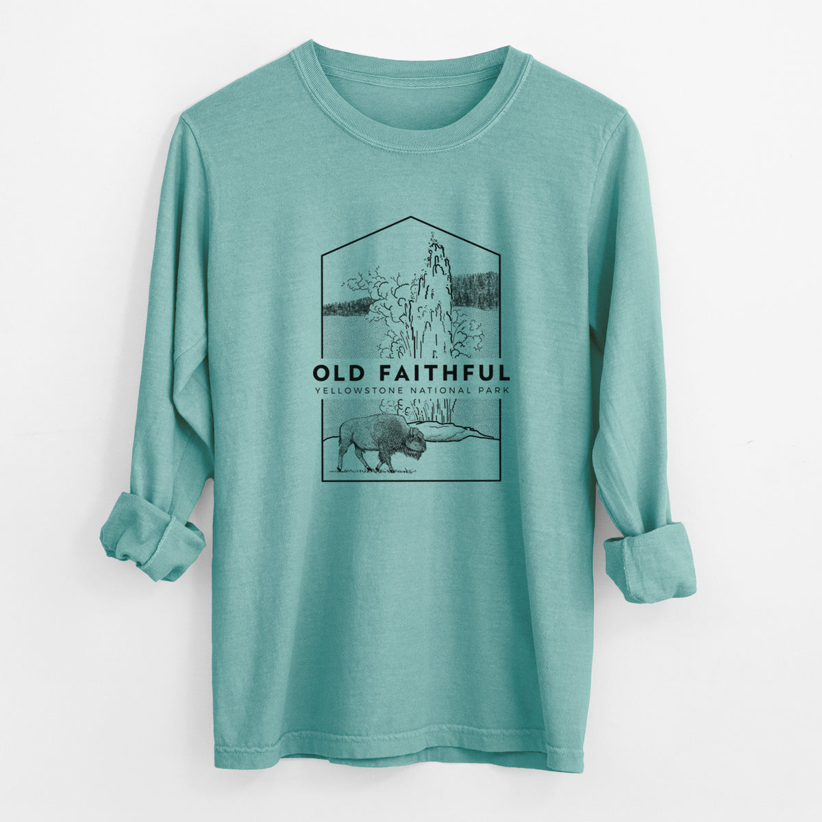 Reef green Comfort Colors long sleeve shirt laid flat with the cuffs rolled, printed with a black line art badge of the Old Faithful geyser erupting with a bison nearby, with the words Old Faithful, Yellowstone National Park.