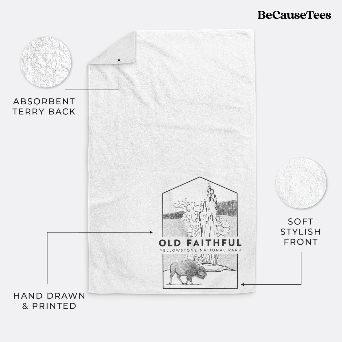 White hand towel printed with a black line art badge of the Old Faithful geyser erupting with a bison nearby, with the words Old Faithful, Yellowstone National Park.