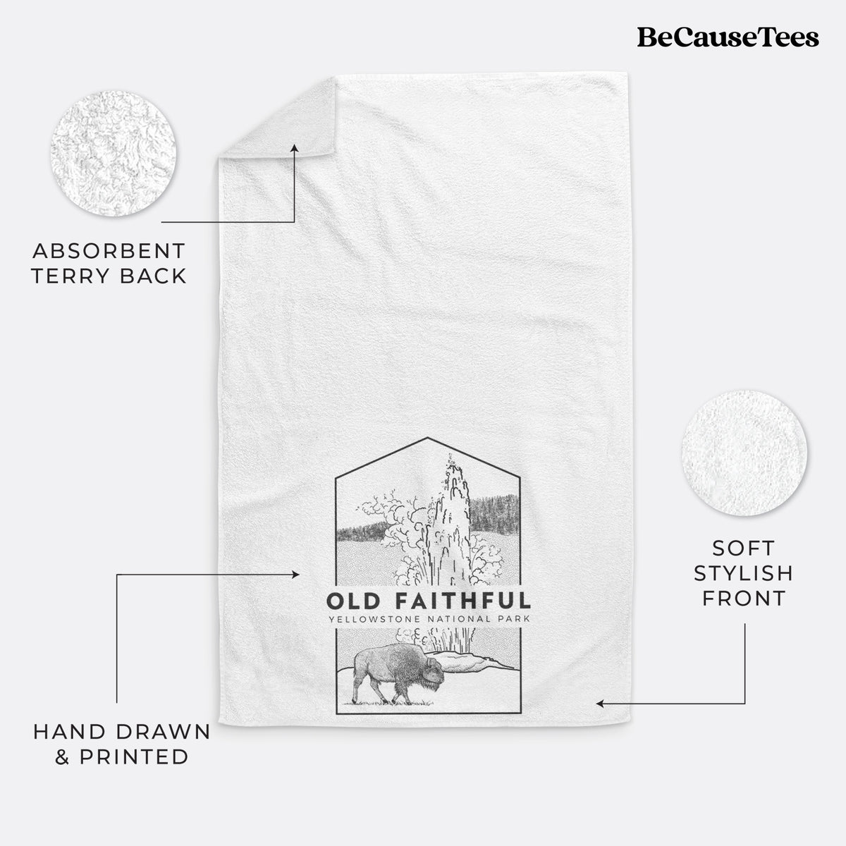White hand towel printed with a black line art badge of the Old Faithful geyser erupting with a bison nearby, with the words Old Faithful, Yellowstone National Park.