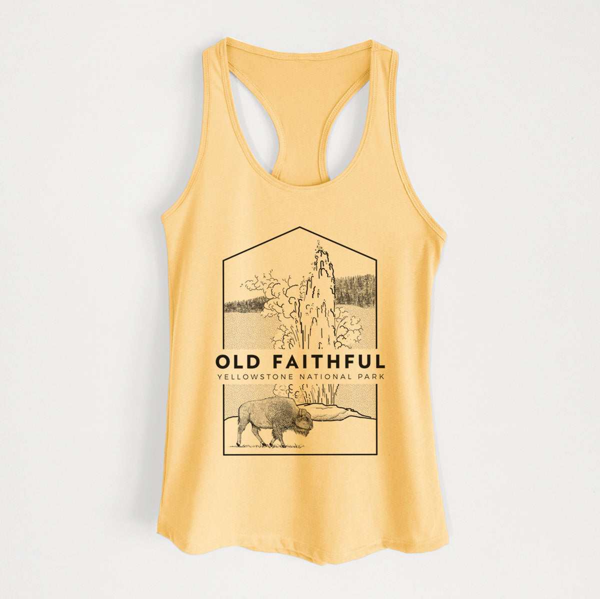 Banana cream women's racerback tank top laid flat, printed with a black line art badge of the Old Faithful geyser erupting with a bison nearby, with the words Old Faithful, Yellowstone National Park.