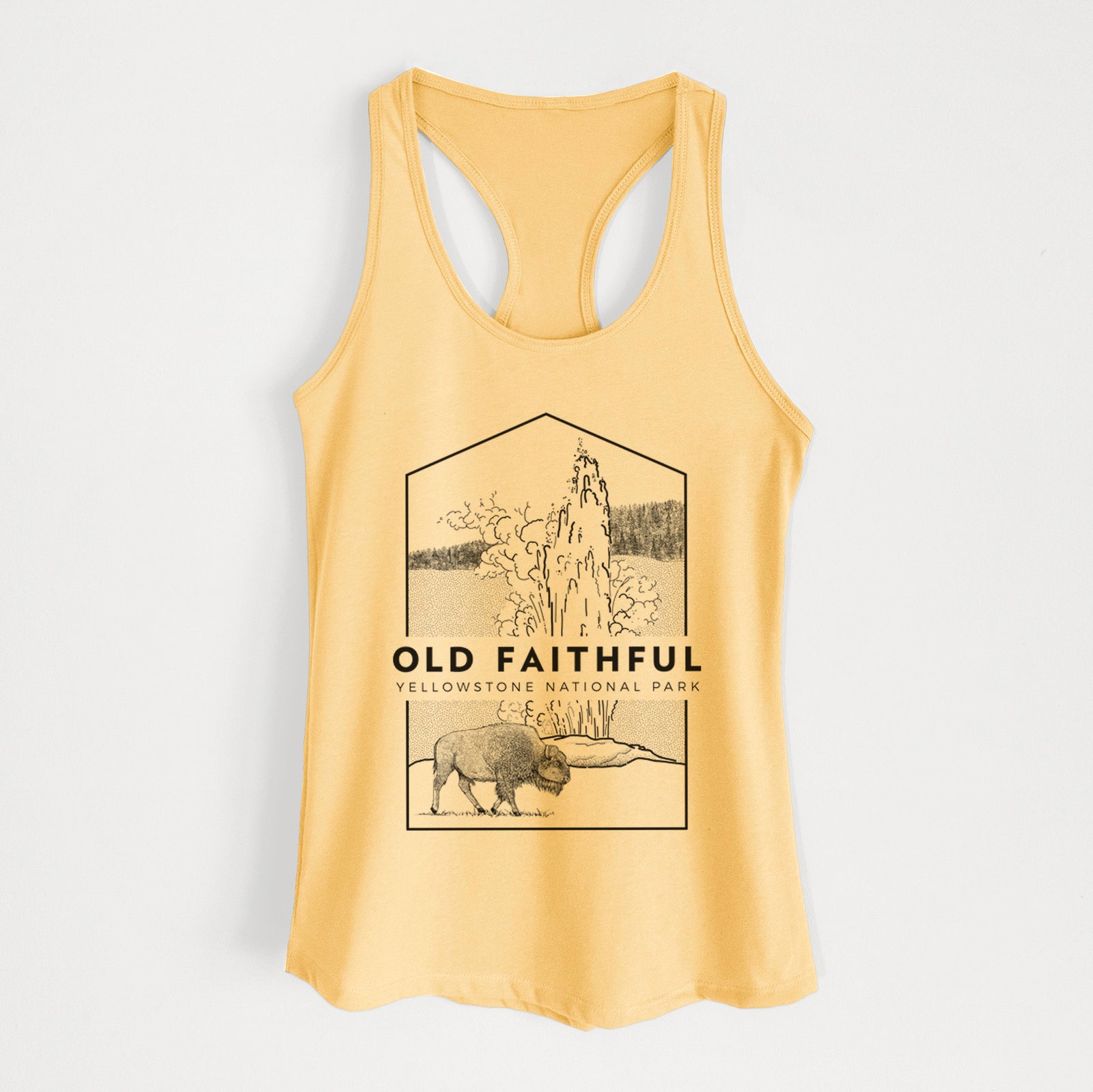 Banana cream women's racerback tank top laid flat, printed with a black line art badge of the Old Faithful geyser erupting with a bison nearby, with the words Old Faithful, Yellowstone National Park.