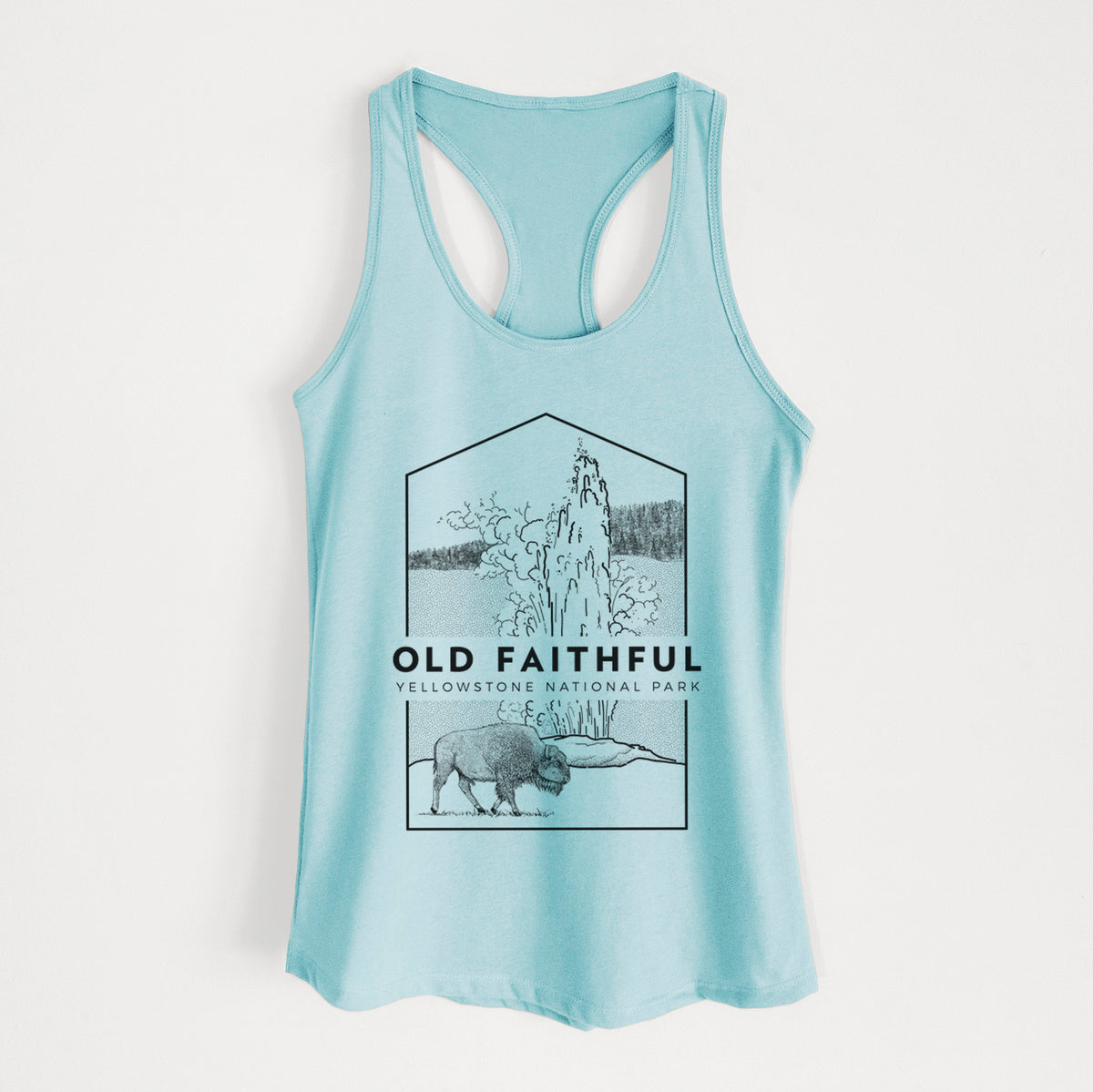 Cancun blue women's racerback tank top laid flat, printed with a black line art badge of the Old Faithful geyser erupting with a bison nearby, with the words Old Faithful, Yellowstone National Park.