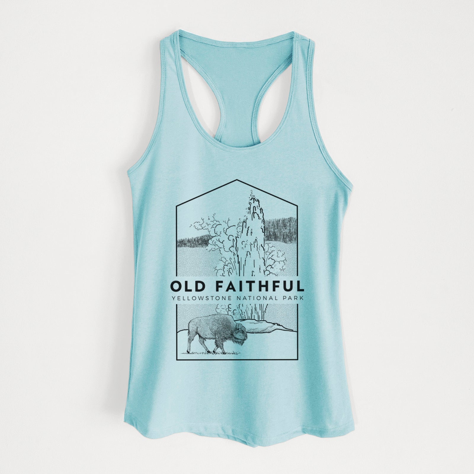 Banana cream women's racerback tank top laid flat, printed with a black line art badge of the Old Faithful geyser erupting with a bison nearby, with the words Old Faithful, Yellowstone National Park.
