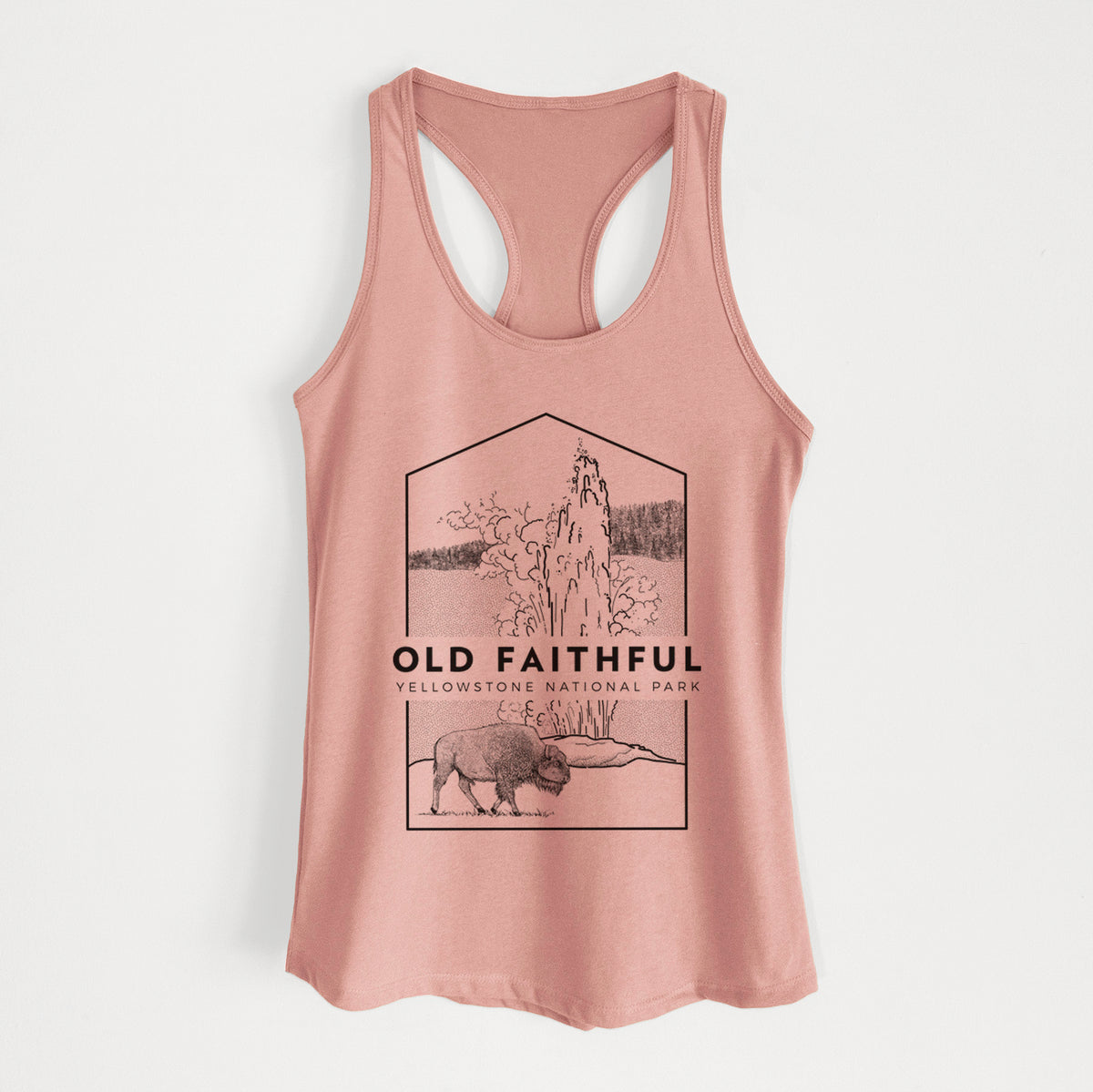 Desert pink women's racerback tank top laid flat, printed with a black line art badge of the Old Faithful geyser erupting with a bison nearby, with the words Old Faithful, Yellowstone National Park.