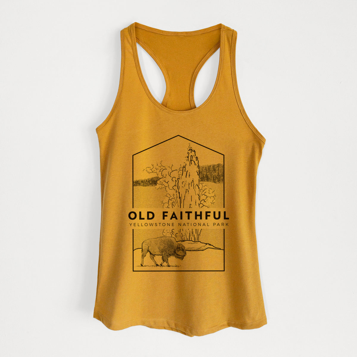 Gold women's racerback tank top laid flat, printed with a black line art badge of the Old Faithful geyser erupting with a bison nearby, with the words Old Faithful, Yellowstone National Park.