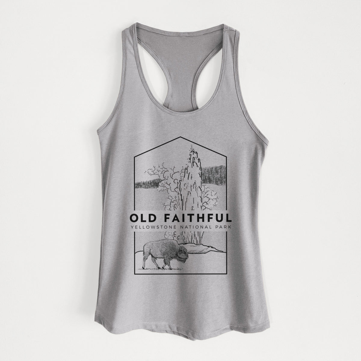 Heather grey women's racerback tank top laid flat, printed with a black line art badge of the Old Faithful geyser erupting with a bison nearby, with the words Old Faithful, Yellowstone National Park.