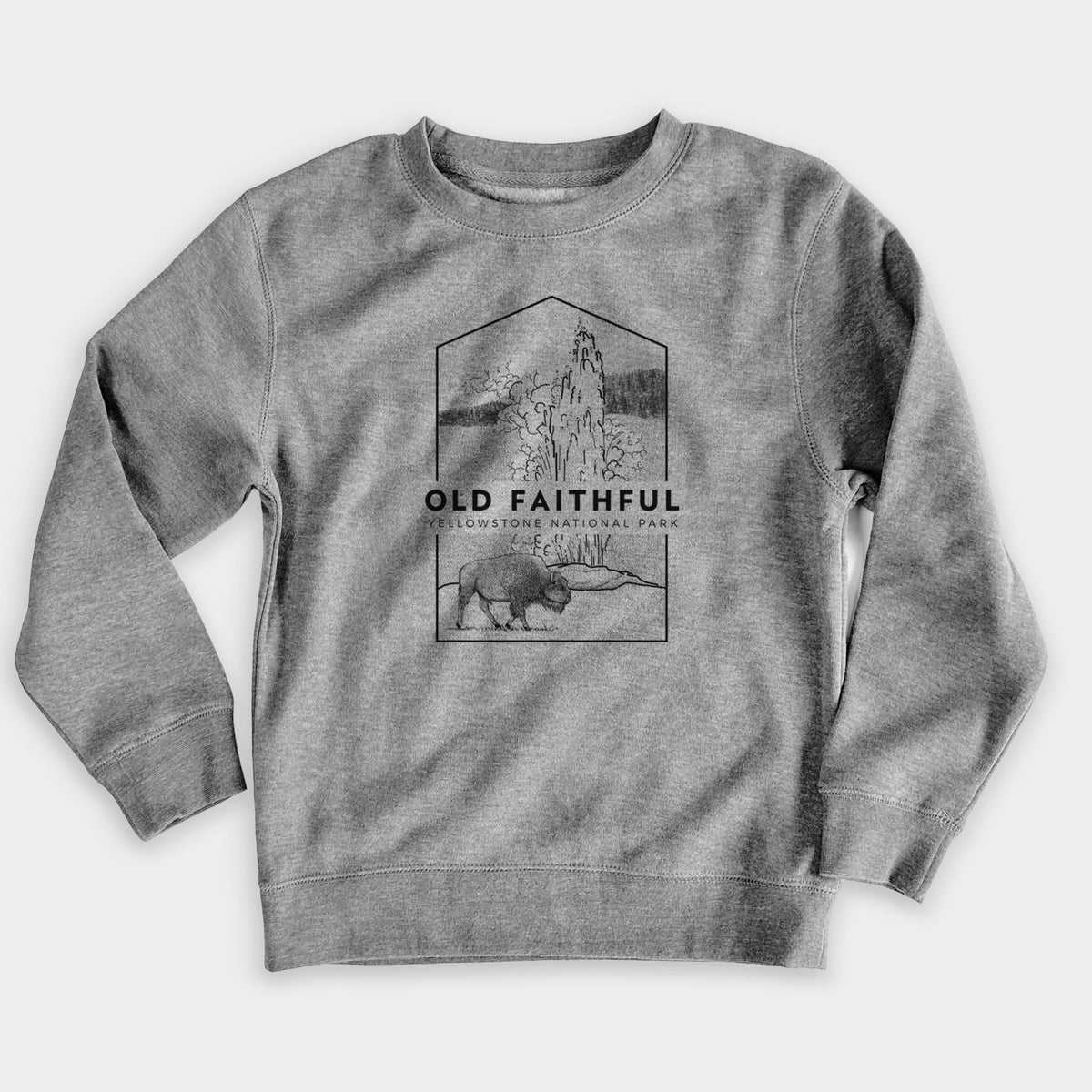 Nickel grey youth crewneck sweatshirt laid flat, printed with a black line art badge of the Old Faithful geyser erupting with a bison nearby, with the words Old Faithful, Yellowstone National Park.