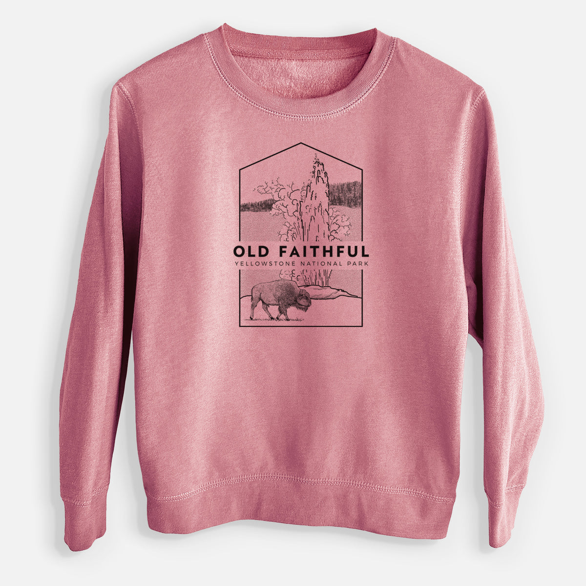 Mauve pink youth crewneck sweatshirt laid flat, printed with a black line art badge of the Old Faithful geyser erupting with a bison nearby, with the words Old Faithful, Yellowstone National Park.