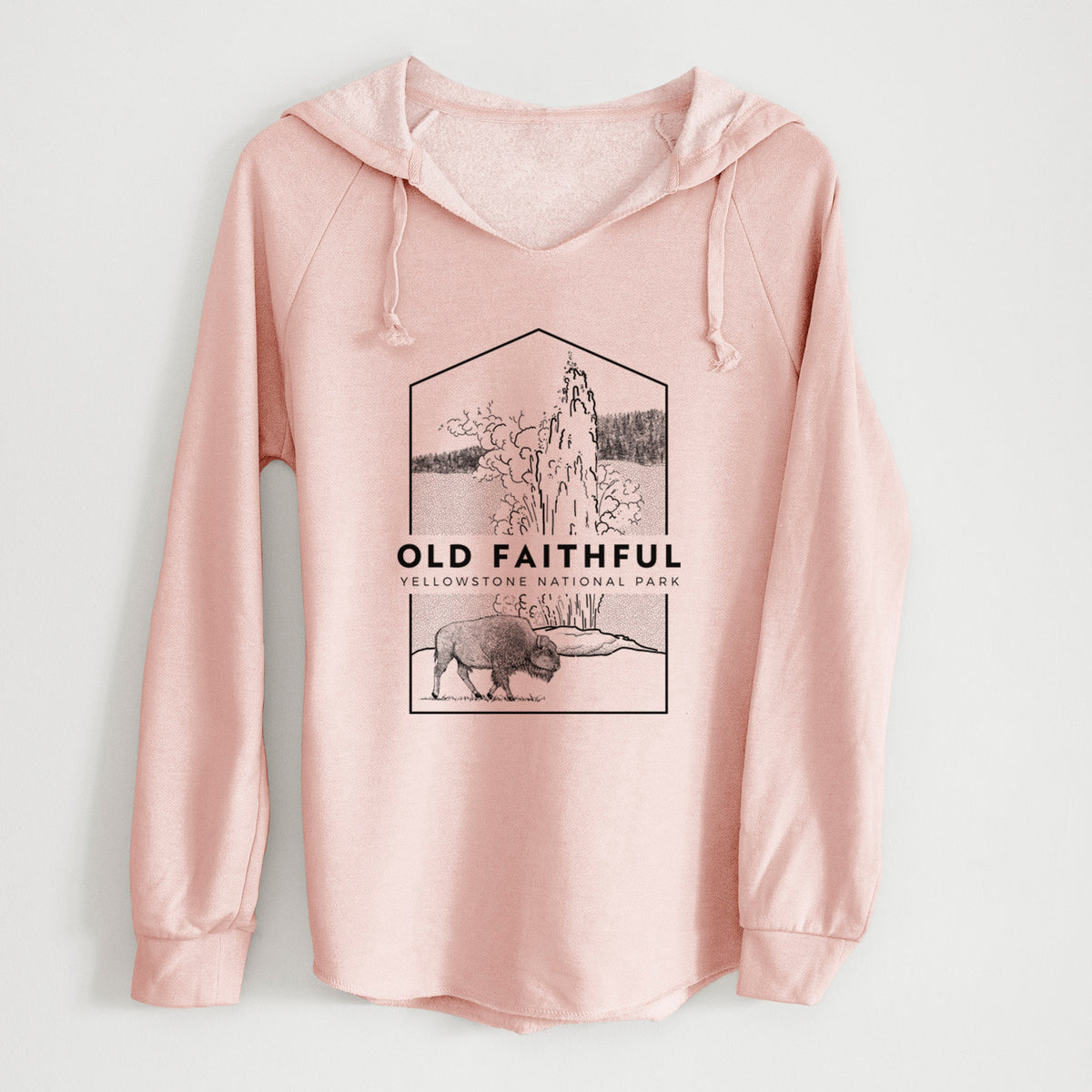 Blush pink women's Cali Wave hooded sweatshirt laid flat, printed with a black line art badge of the Old Faithful geyser erupting with a bison nearby, with the words Old Faithful, Yellowstone National Park.