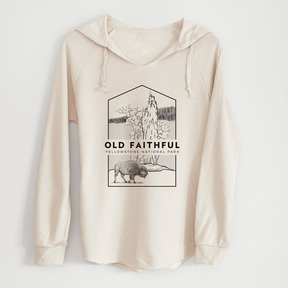 Bone cream women's Cali Wave hooded sweatshirt laid flat, printed with a black line art badge of the Old Faithful geyser erupting with a bison nearby, with the words Old Faithful, Yellowstone National Park.