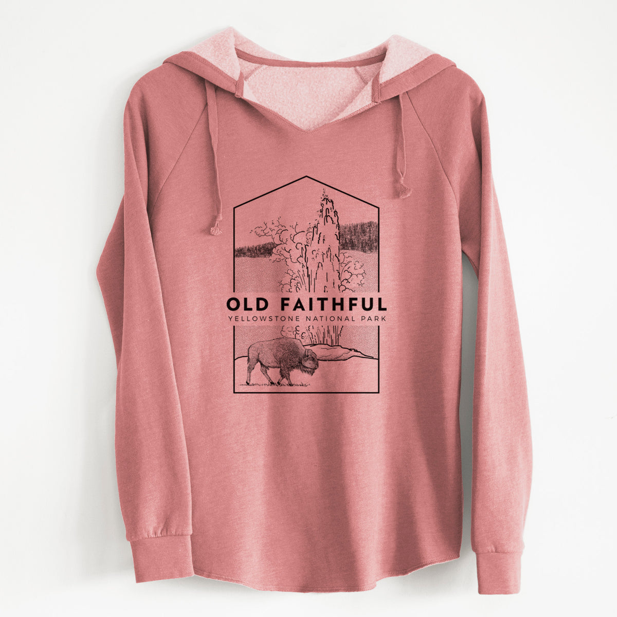 Dusty rose women's Cali Wave hooded sweatshirt laid flat, printed with a black line art badge of the Old Faithful geyser erupting with a bison nearby, with the words Old Faithful, Yellowstone National Park.