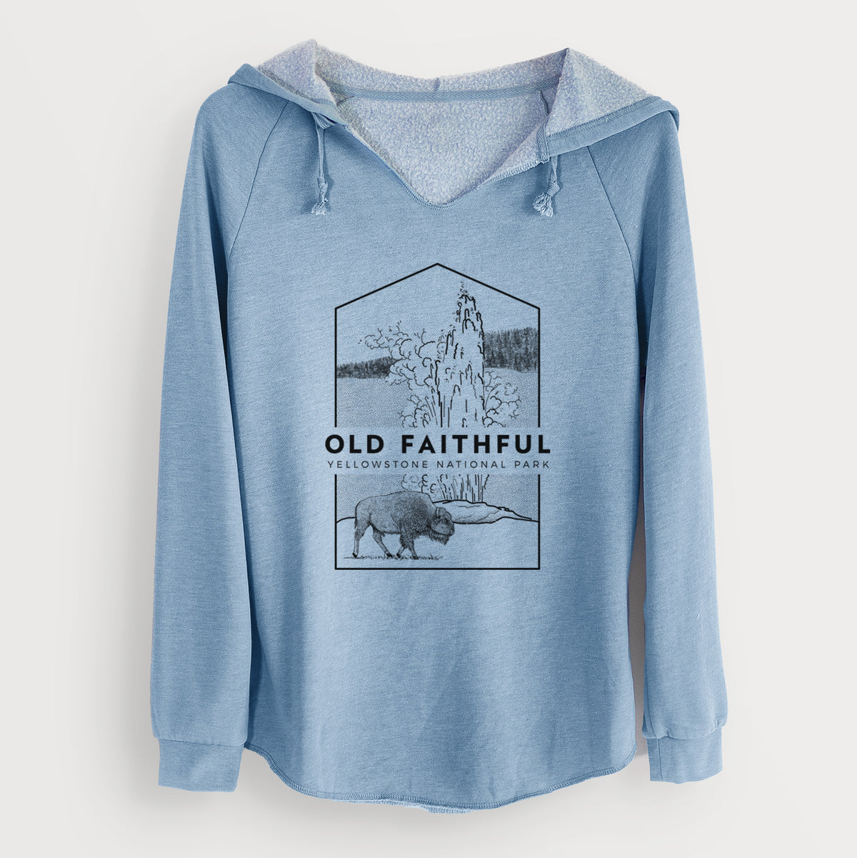 Misty blue women's Cali Wave hooded sweatshirt laid flat, printed with a black line art badge of the Old Faithful geyser erupting with a bison nearby, with the words Old Faithful, Yellowstone National Park.