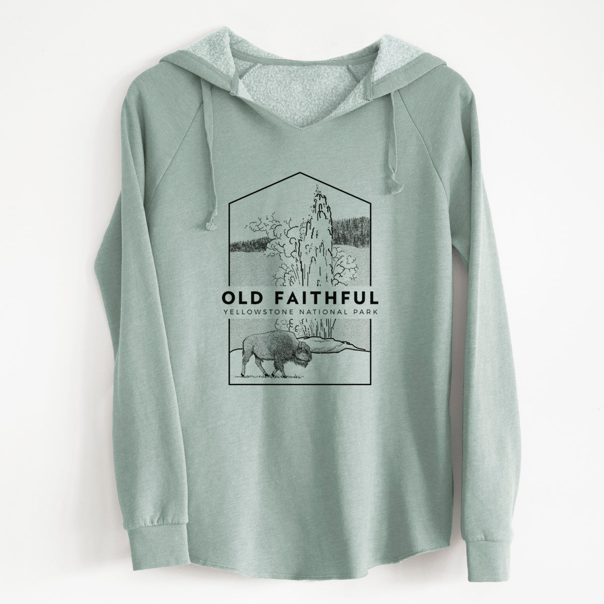 Sage green women's Cali Wave hooded sweatshirt laid flat, printed with a black line art badge of the Old Faithful geyser erupting with a bison nearby, with the words Old Faithful, Yellowstone National Park.
