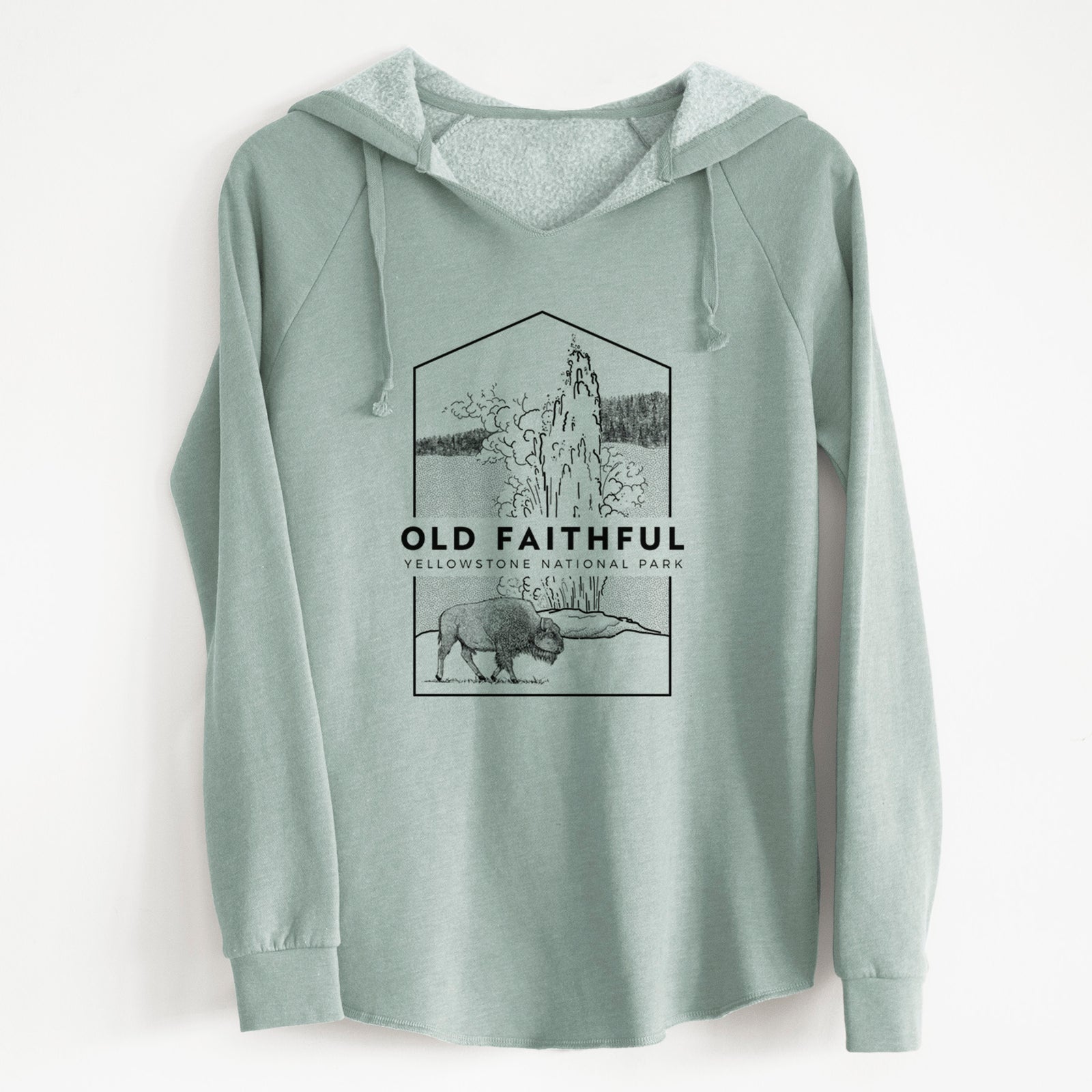 Sage green women's Cali Wave hooded sweatshirt laid flat, printed with a black line art badge of the Old Faithful geyser erupting with a bison nearby, with the words Old Faithful, Yellowstone National Park.