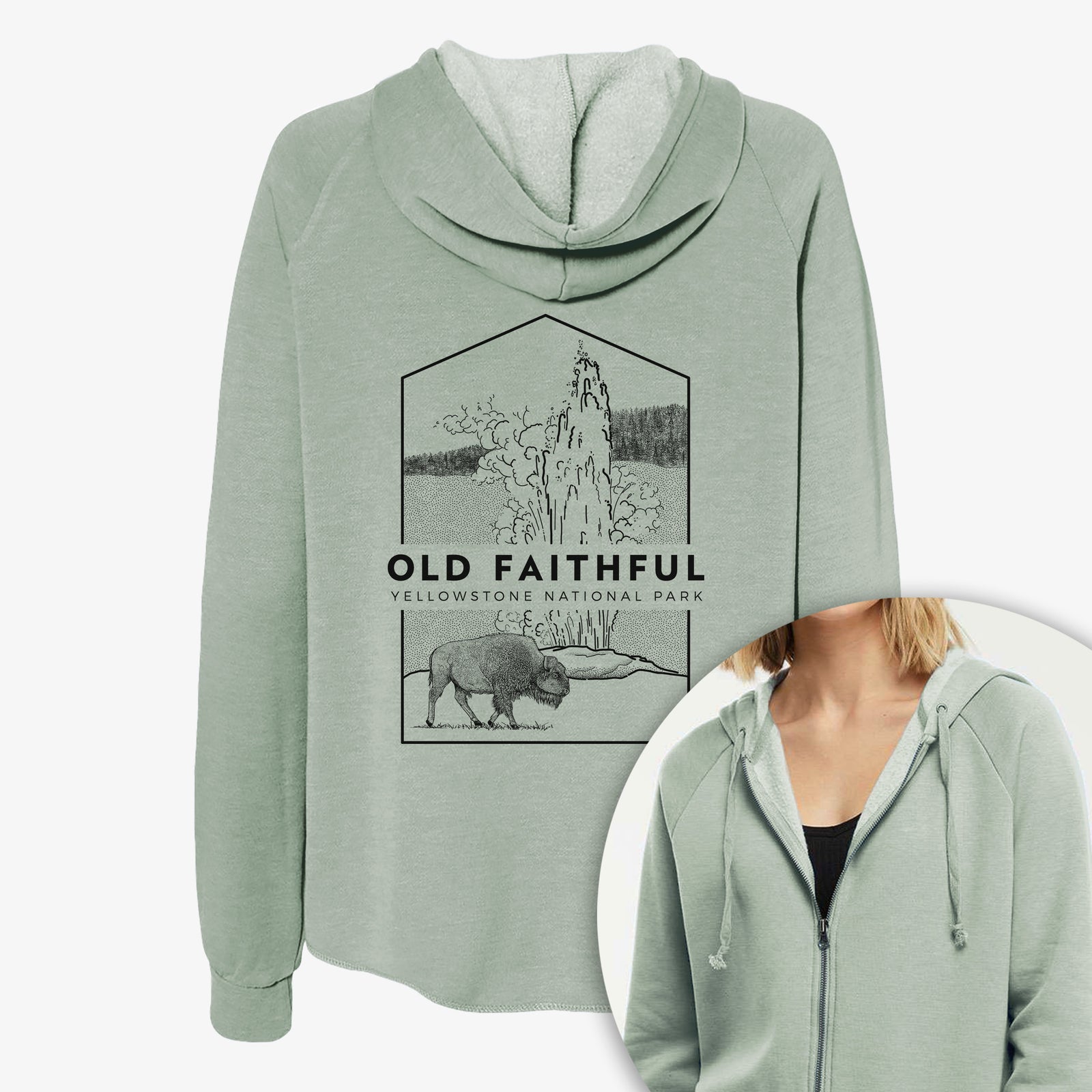 Women's Cali Wave zip-up sweatshirt printed with a black line art badge of the Old Faithful geyser erupting with a bison nearby, with the words Old Faithful, Yellowstone National Park, with a close-up of the zipper.
