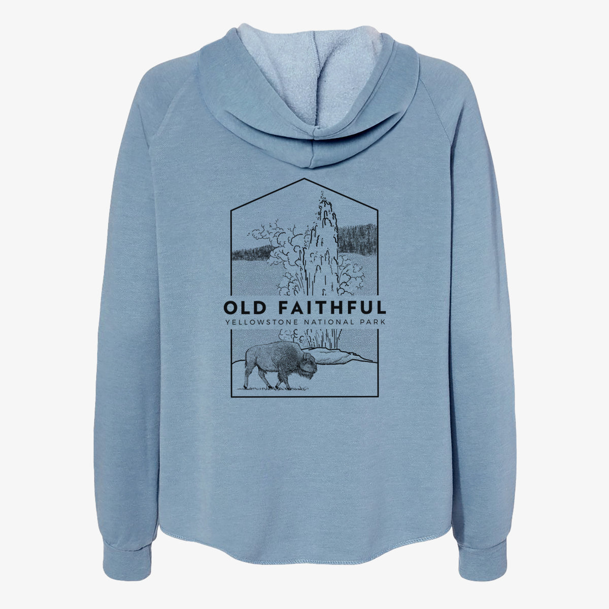 Misty blue women's Cali Wave zip-up sweatshirt laid flat, printed with a black line art badge of the Old Faithful geyser erupting with a bison nearby, with the words Old Faithful, Yellowstone National Park.