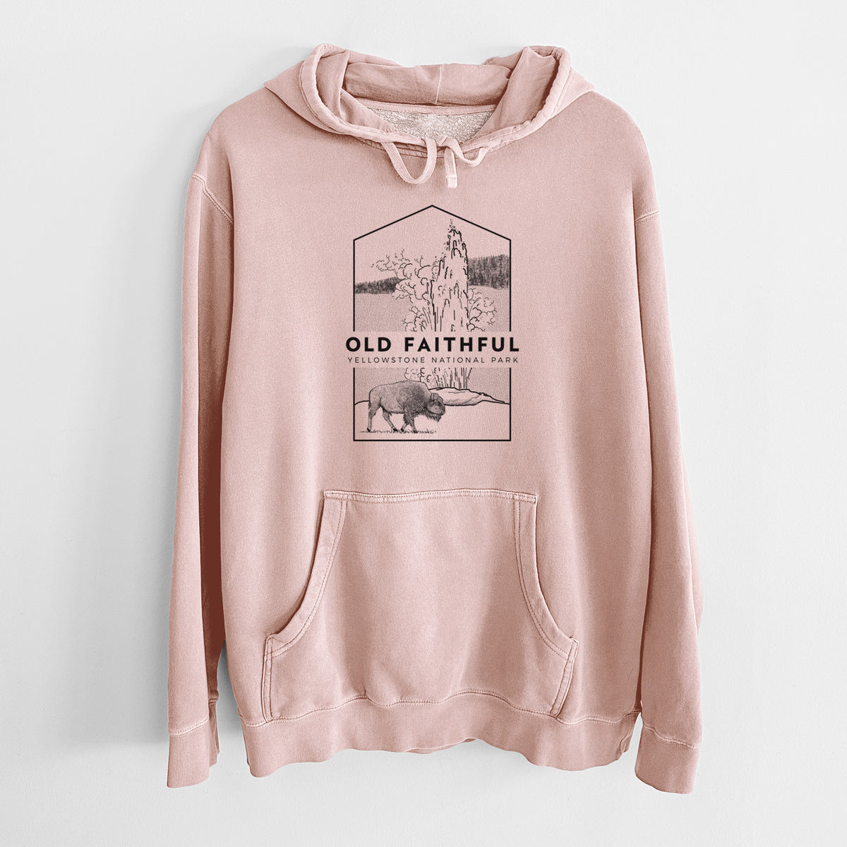 Dusty pink pigment dyed hoodie laid flat, printed with a black line art badge of the Old Faithful geyser erupting with a bison nearby, with the words Old Faithful, Yellowstone National Park.