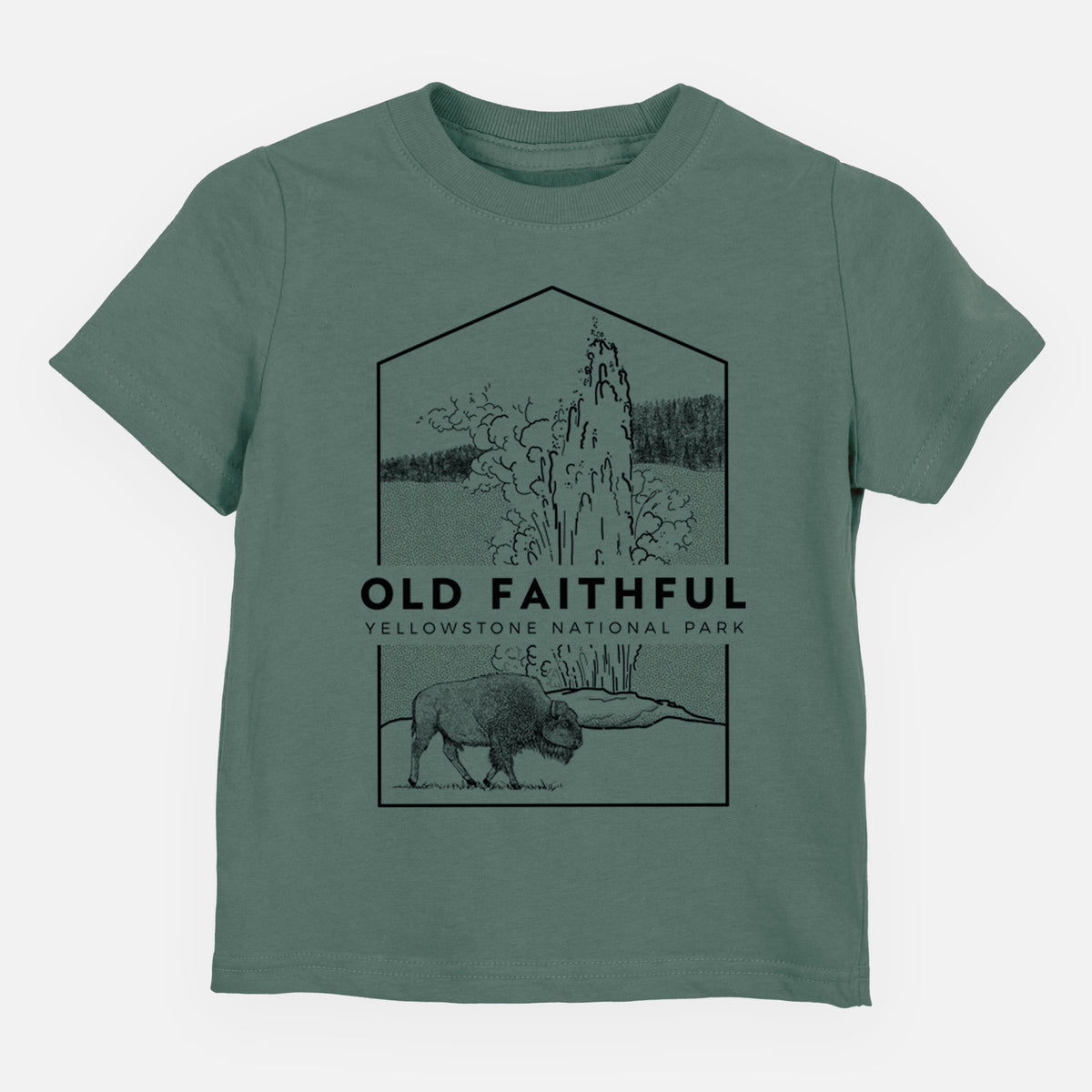 Basil green toddler t-shirt laid flat, printed with a black line art badge of the Old Faithful geyser erupting with a bison nearby, with the words Old Faithful, Yellowstone National Park.