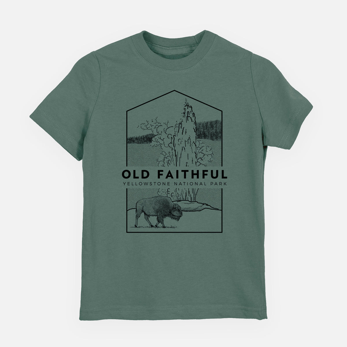 Basil green youth t-shirt laid flat, printed with a black line art badge of the Old Faithful geyser erupting with a bison nearby, with the words Old Faithful, Yellowstone National Park.