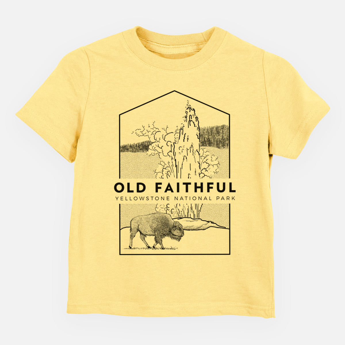 Butter yellow toddler t-shirt laid flat, printed with a black line art badge of the Old Faithful geyser erupting with a bison nearby, with the words Old Faithful, Yellowstone National Park.