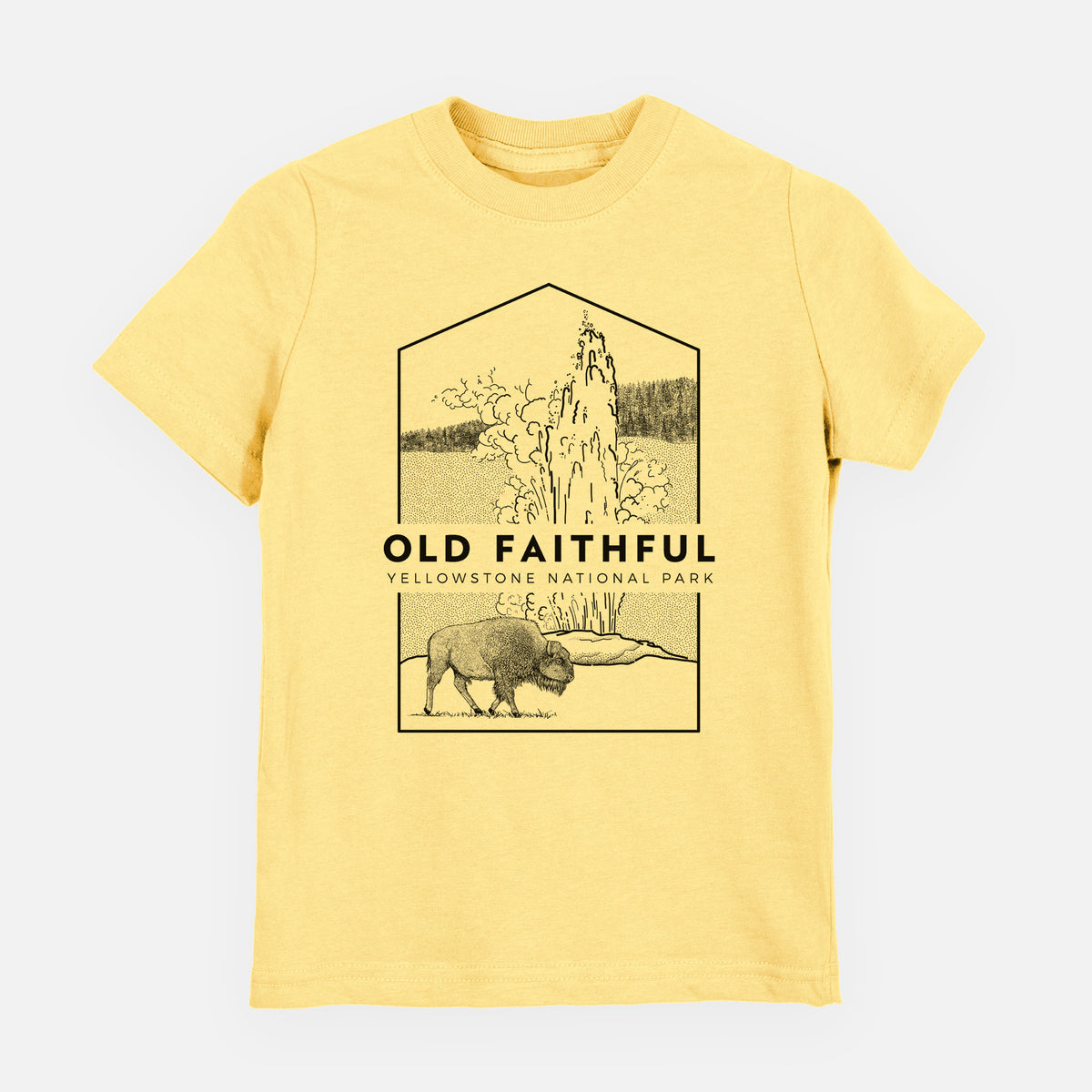 Butter yellow youth t-shirt laid flat, printed with a black line art badge of the Old Faithful geyser erupting with a bison nearby, with the words Old Faithful, Yellowstone National Park.
