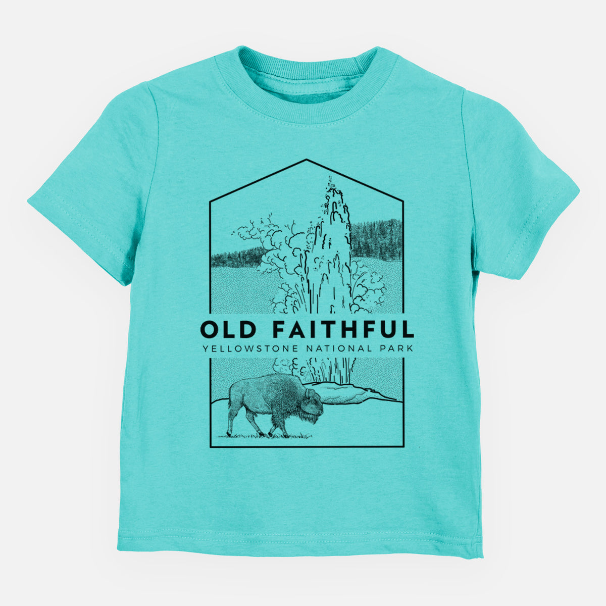 Caribbean blue toddler t-shirt laid flat, printed with a black line art badge of the Old Faithful geyser erupting with a bison nearby, with the words Old Faithful, Yellowstone National Park.