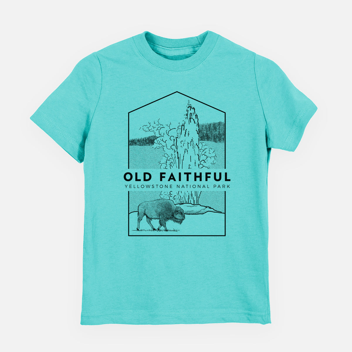 Caribbean blue youth t-shirt laid flat, printed with a black line art badge of the Old Faithful geyser erupting with a bison nearby, with the words Old Faithful, Yellowstone National Park.