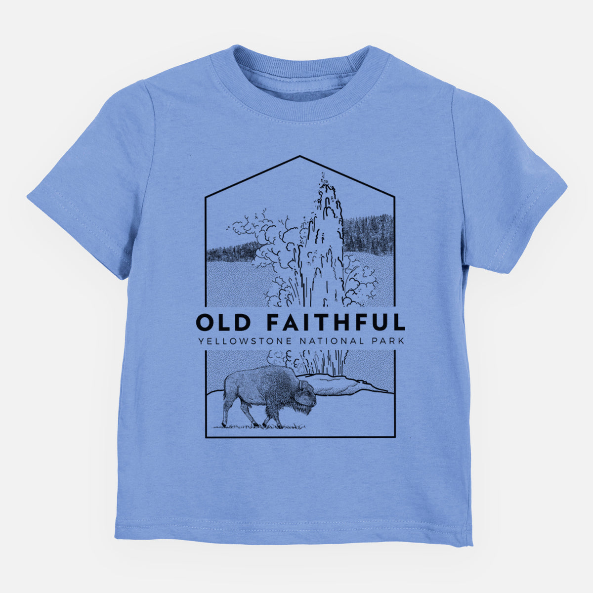Carolina blue toddler t-shirt laid flat, printed with a black line art badge of the Old Faithful geyser erupting with a bison nearby, with the words Old Faithful, Yellowstone National Park.