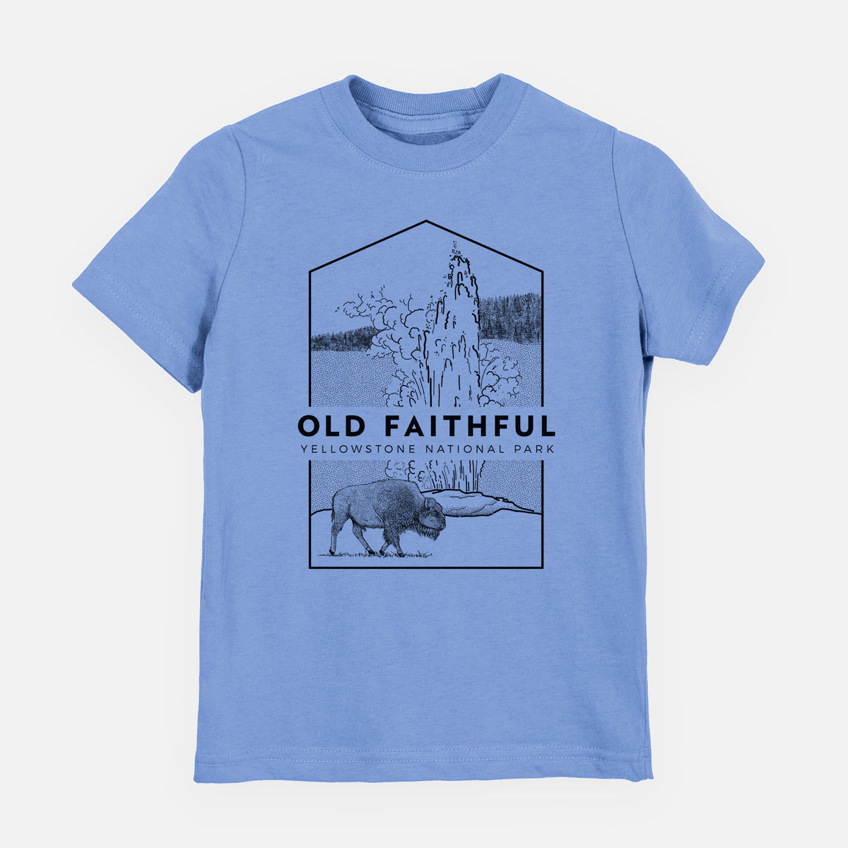 Carolina blue youth t-shirt laid flat, printed with a black line art badge of the Old Faithful geyser erupting with a bison nearby, with the words Old Faithful, Yellowstone National Park.