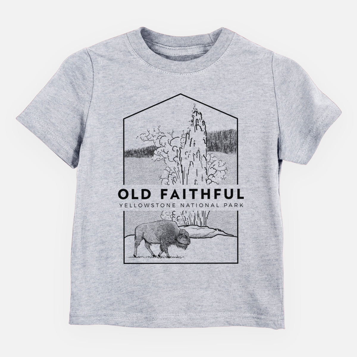 Heather grey toddler t-shirt laid flat, printed with a black line art badge of the Old Faithful geyser erupting with a bison nearby, with the words Old Faithful, Yellowstone National Park.