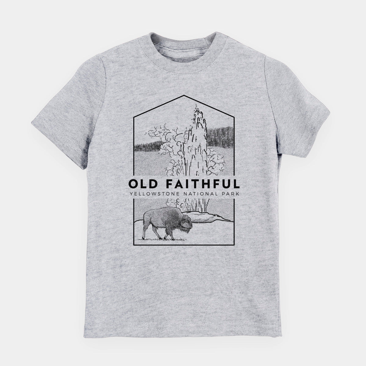 Heather grey youth t-shirt laid flat, printed with a black line art badge of the Old Faithful geyser erupting with a bison nearby, with the words Old Faithful, Yellowstone National Park.