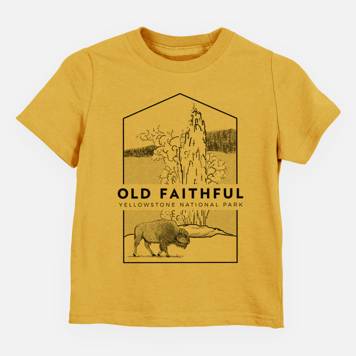 Honeycomb yellow toddler t-shirt laid flat, printed with a black line art badge of the Old Faithful geyser erupting with a bison nearby, with the words Old Faithful, Yellowstone National Park.